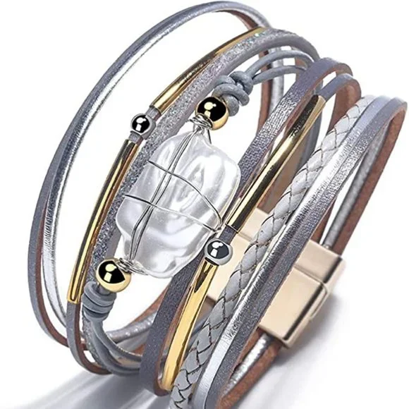 Women, Boho Leopard Multi-Layer Crystal Beads Cuff Bracelet Jewelry - Picture 2 of 4